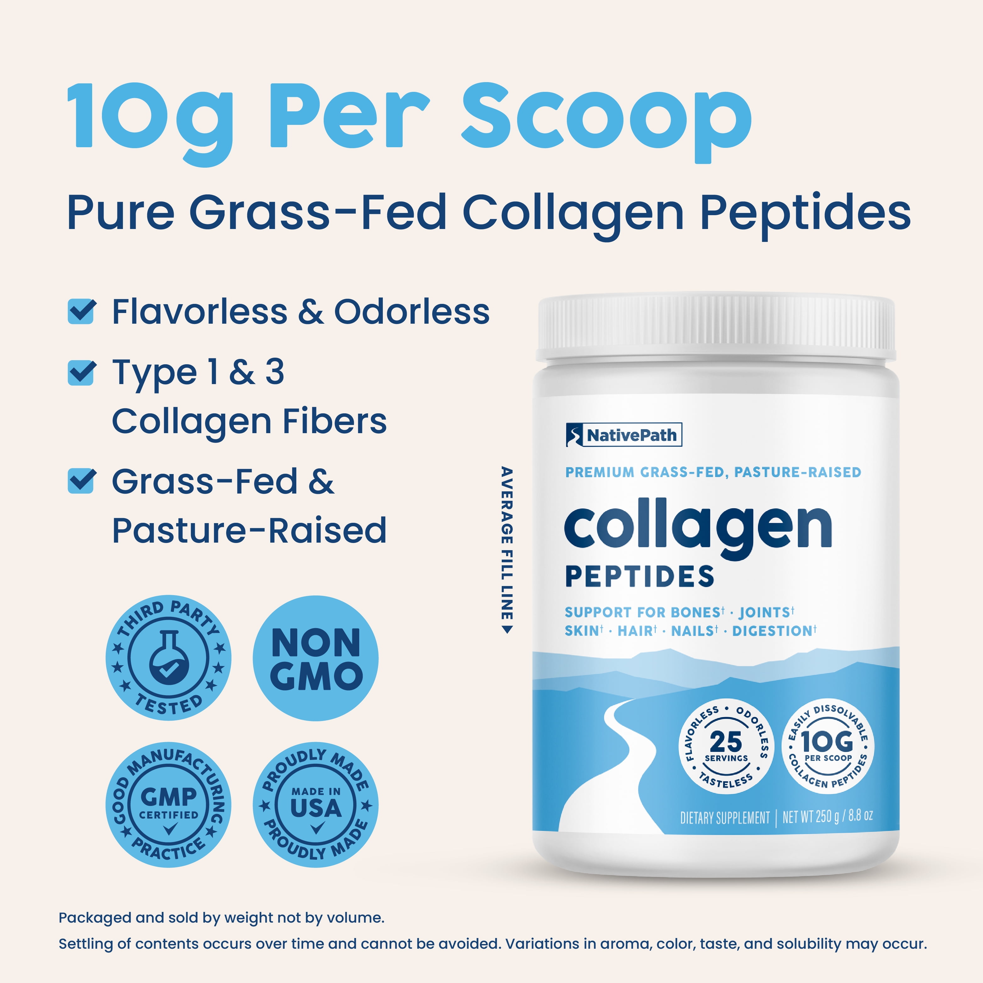 NativePath Collagen Peptides Powder, Grass-Fed Hydrolyzed Type 1 and 3, Unflavored, 25 Servings
