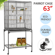 Renwick 63'' Large Rolling Metal Parrot Cage with Detachable Stand, Black