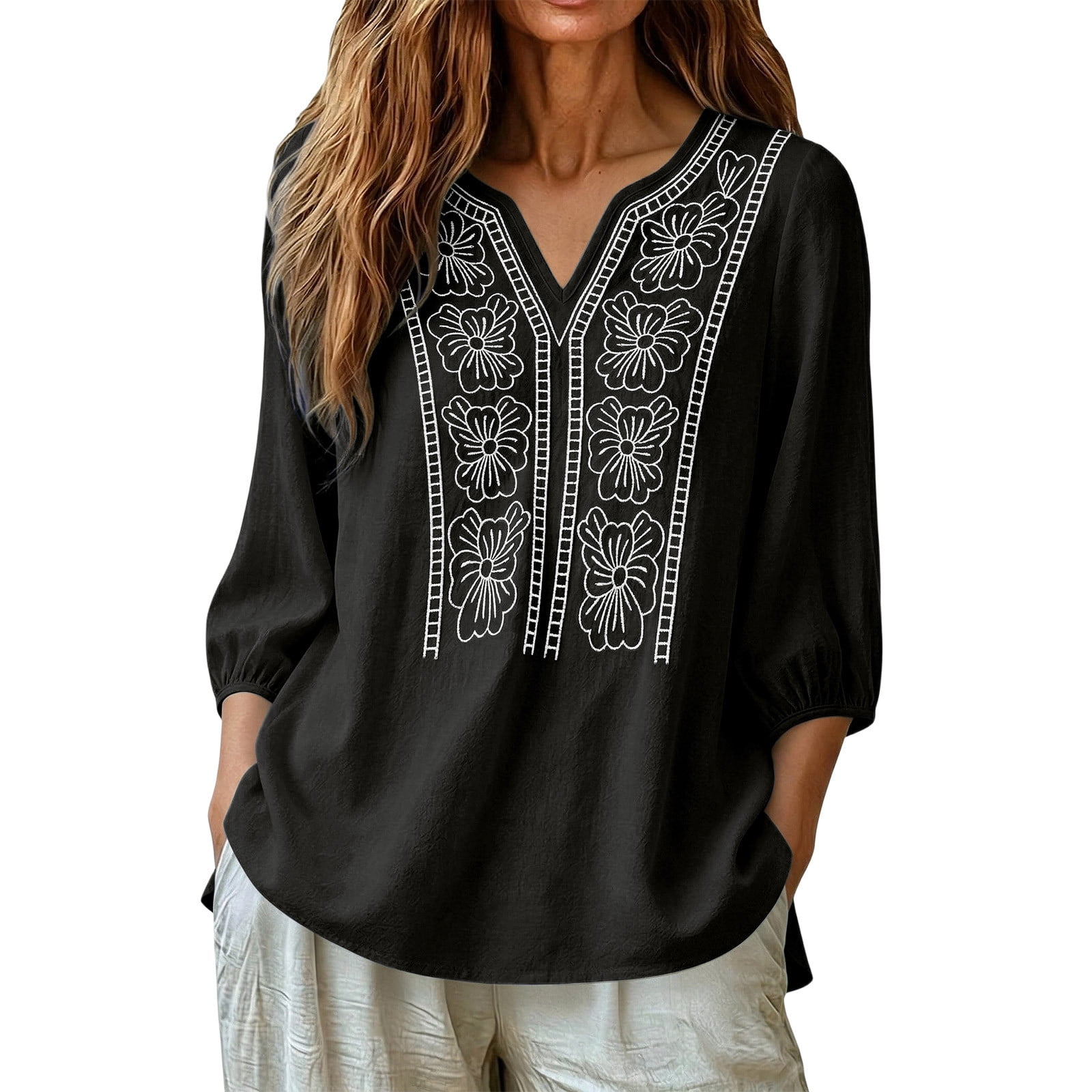 Dxzfnsa Womens 3/4 Sleeve Tops Banded Linen V Neck Summer T Shirt