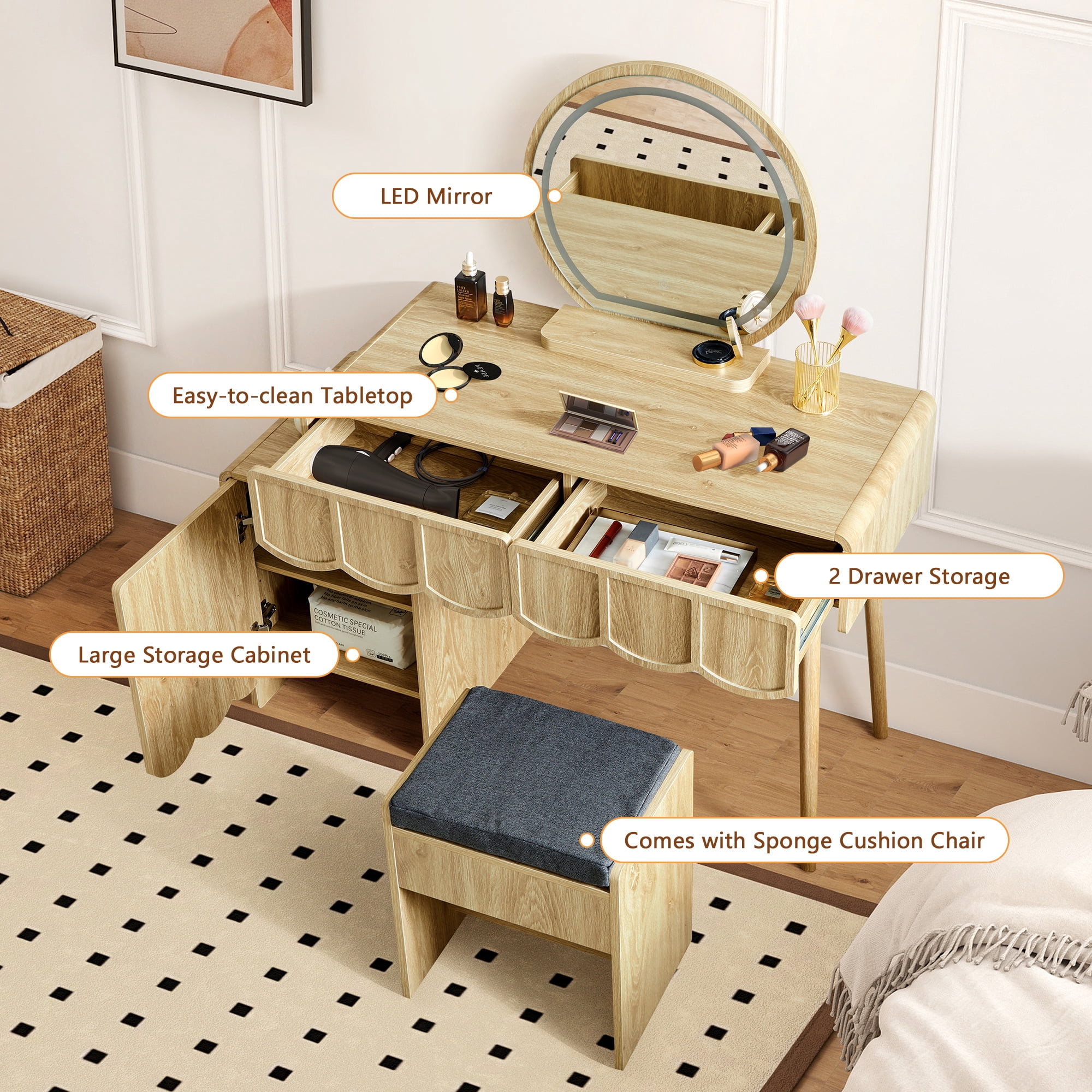 Wirrytor Farmhouse Vanity Desks with Light Mirrors, Makeup Vanity with 2 Drawers and 1 Storage Cabinet, Vanity Set for Bedroom, Wave Panel ,Walnut