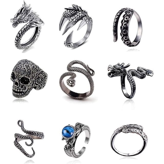 9 Uds Vintage Punk plata negro dragón chino serpiente dragón garra calavera anillos joyería gótica aleación abierta ajustable