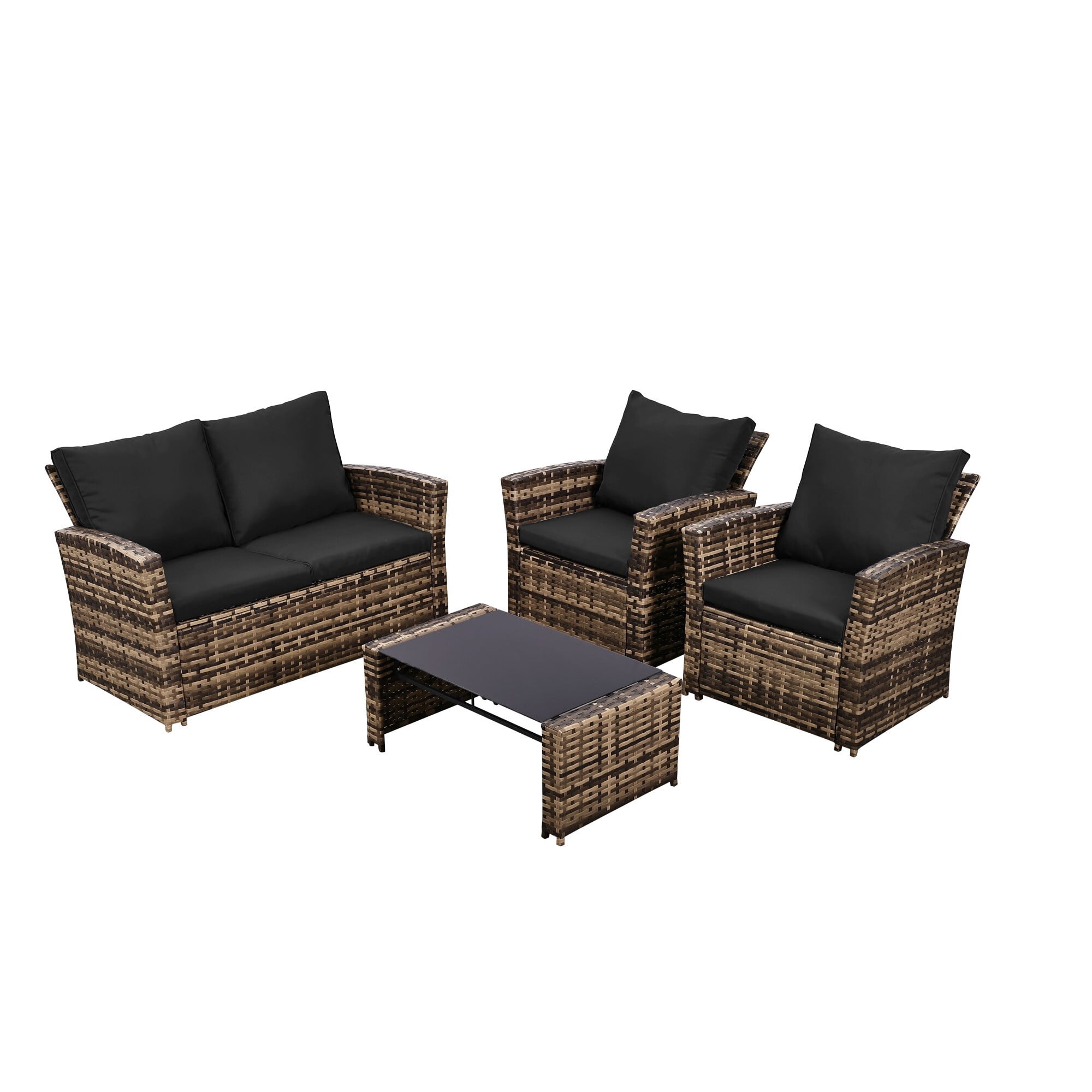 4-Piece Patio Furniture Set, Wicker Outdoor Rattan Sectional Sofa with Cushions and Glass Coffee Table, All-Weather Outdoor Conversation Set for Garden, Porch, Backyard