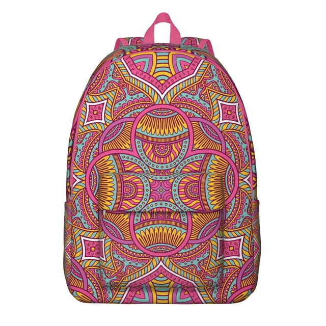 Folk Style Traditional Mandala School Backpack, Vintage Ethnic Boho Canvas Daypack with Sacred Pattern for Women