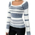 thumbnail image 3 of Women's Pullover Striped Knit Square Neck Sweater Color Block Long Sleeve Cute Trendy Fuzzy Sweaters Blue XS, 3 of 9