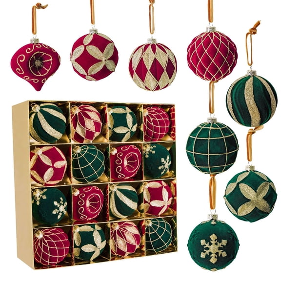 OCCOA 16PCS Christmas Baubles Ornaments Set Flocked Xmas Ball Decorations for Christmas Tree Home Party Holiday Decor 3.15in, Multicolor