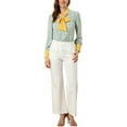thumbnail image 3 of MODA NOVA Junior's Casual Boho Floral Printed V Neck Pussy Bow Blouse Light Blue M, 3 of 6