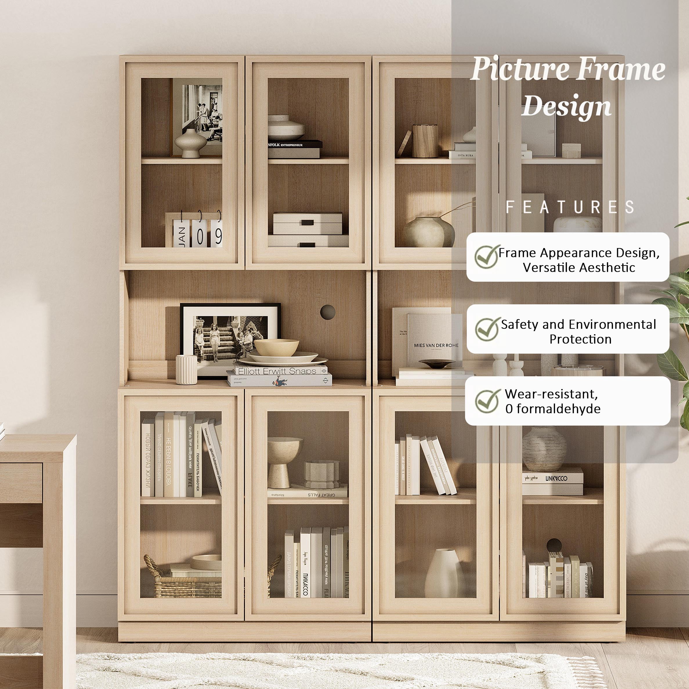 72" Tall Modern Sideboard Buffet Cabinet, Glass Door Storage Cabinet with Adjustable Shelves, Layered Wood Console Cabinet for Dining Room,Living Room, Entryway,Beige