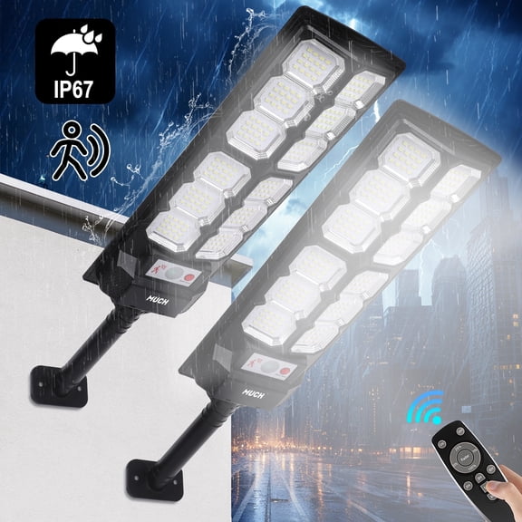 2 PACKS Solar Street Lights, 8500K 90000LM Outdoor Commercial Parking Lot Light with Remote Control, Dusk to Dawn Solar Security Flood Lights, Motion Sensor Solar Lights for Outside Yard Garage