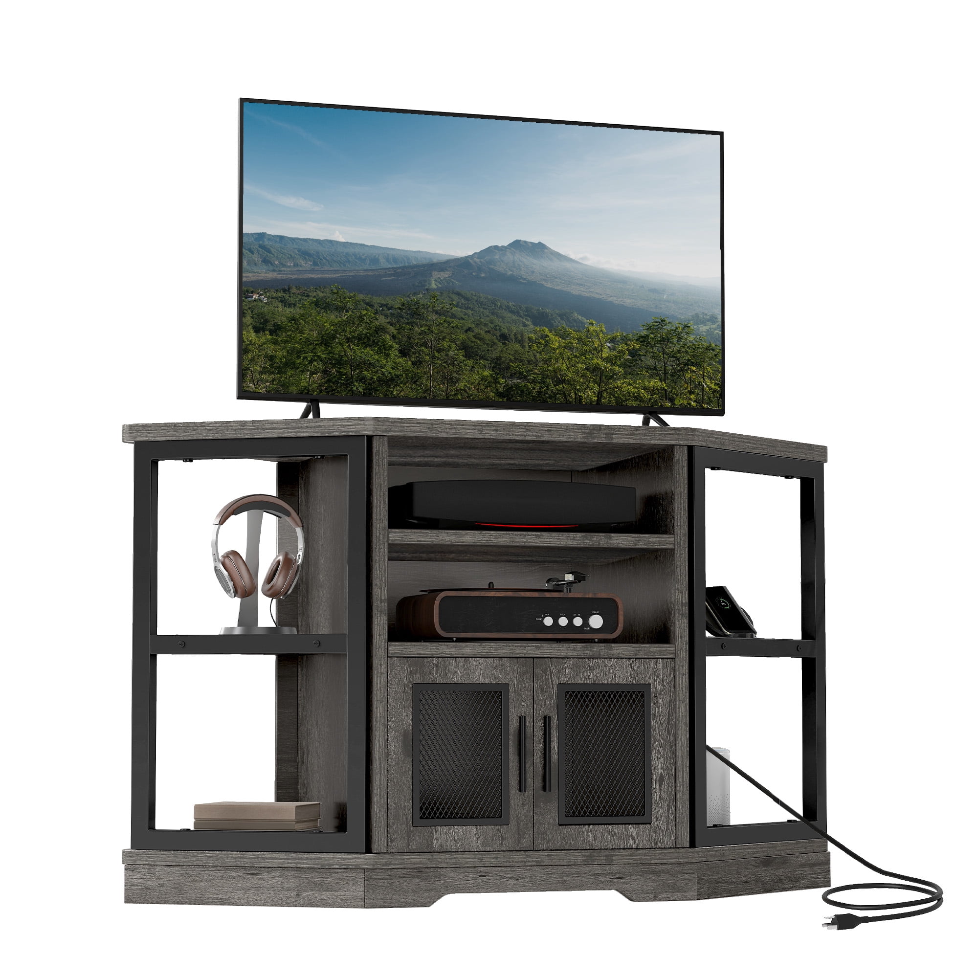 Uforic Modern Corner TV Stand with Adjustable Layer Board, Double Door Mesh Cabinet & 96-Hole Metal Handle, with 2 Outlets 2 USB Ports Power Socket, Gray