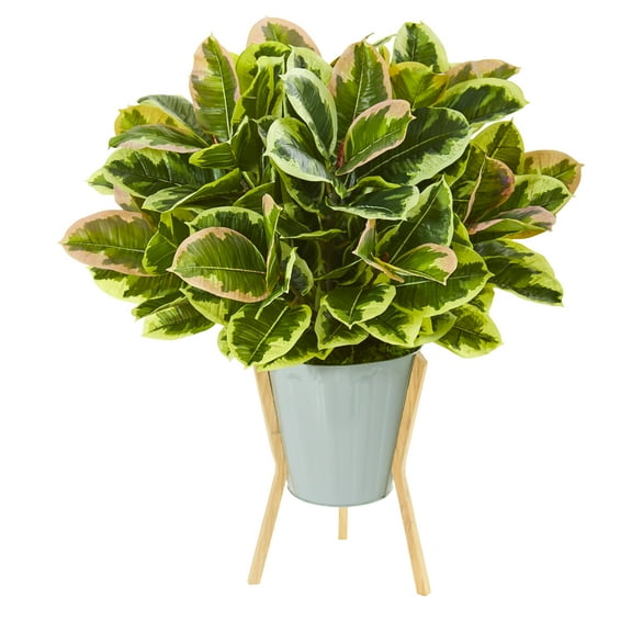 Nearly Natural 28in. Rubber Leaf Artificial Plant in Green Planter with Stand (Real Touch)
