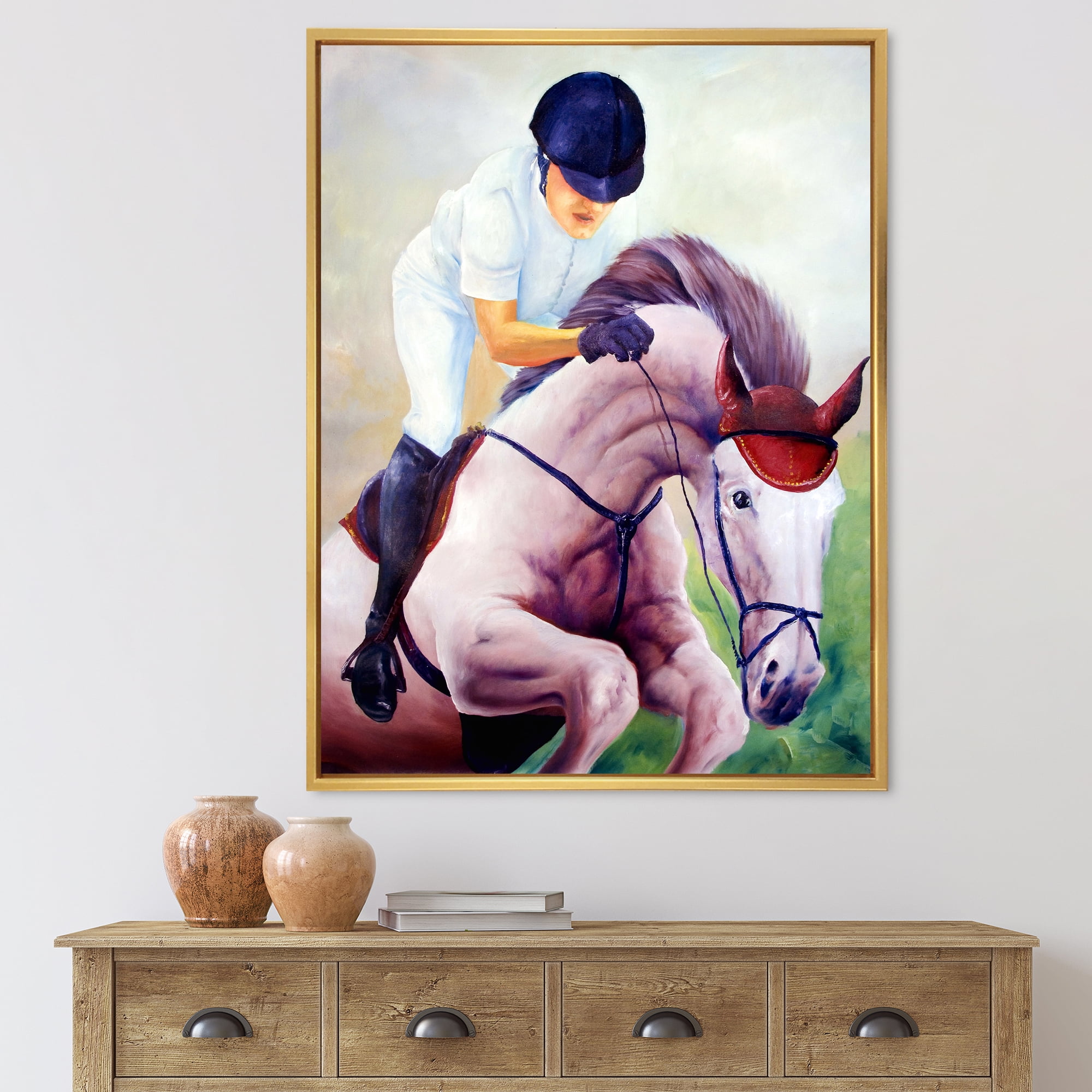 Designart 'Jockey On Galoping Pink Horse' Farmhouse Framed Canvas Wall Art Print