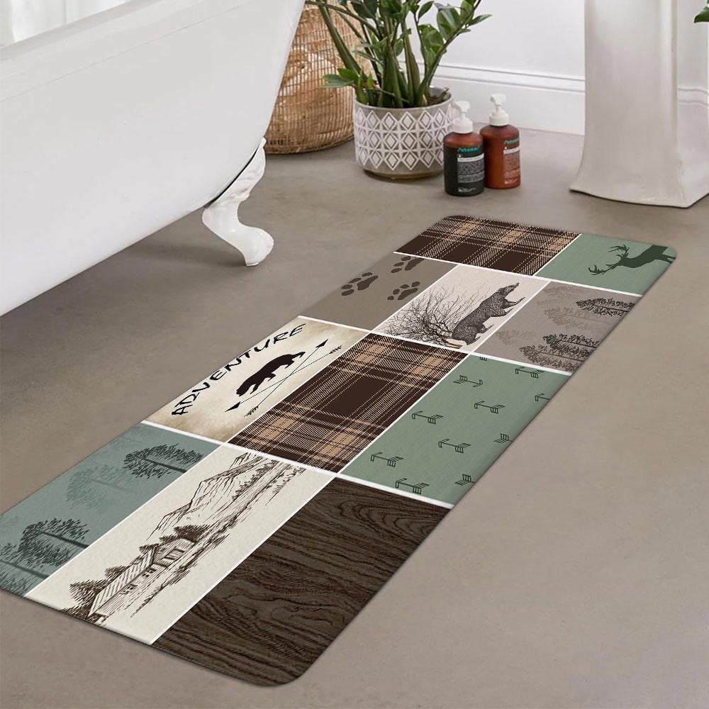 Rustic Cabin Bath Mat,Bear Deer Forest Woodland Farmhouse Brown Flannel Non Slip Mat Rug,Forest Vintage Wood Bathroom Kitchen Door Mat,16X48in