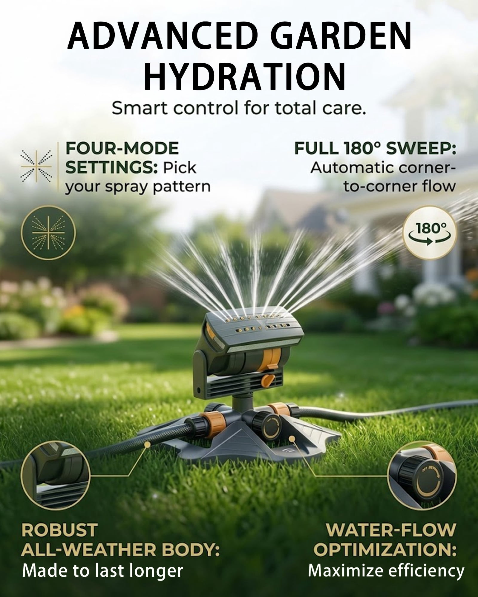 16-Nozzle Oscillating Sprinkler, Adjustable Water Sprinkler for Lawn Yard Garden Watering , Motion Activated Sprinklers with 4 Spray Modes & Dual Filtration, 16 Mini Turbine, Wide Area Coverage - #B