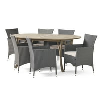 GDF Studio Hiro Outdoor Acacia Wood and Wicker 7 Piece Dining Set with Cushions, Gray and Light Gray