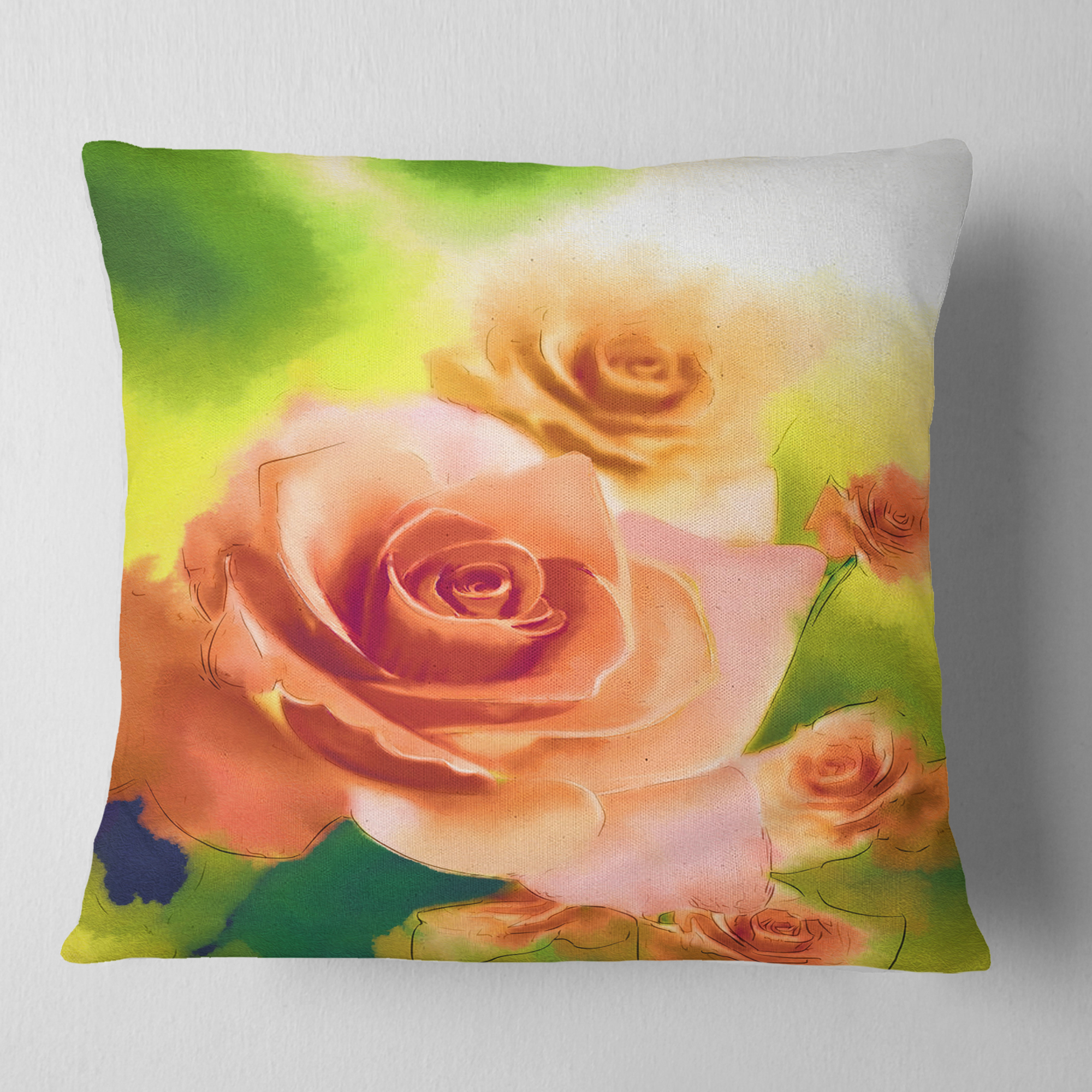 Designart Beautiful Watercolor Roses on Green - Flower Throw Pillow - 16x16