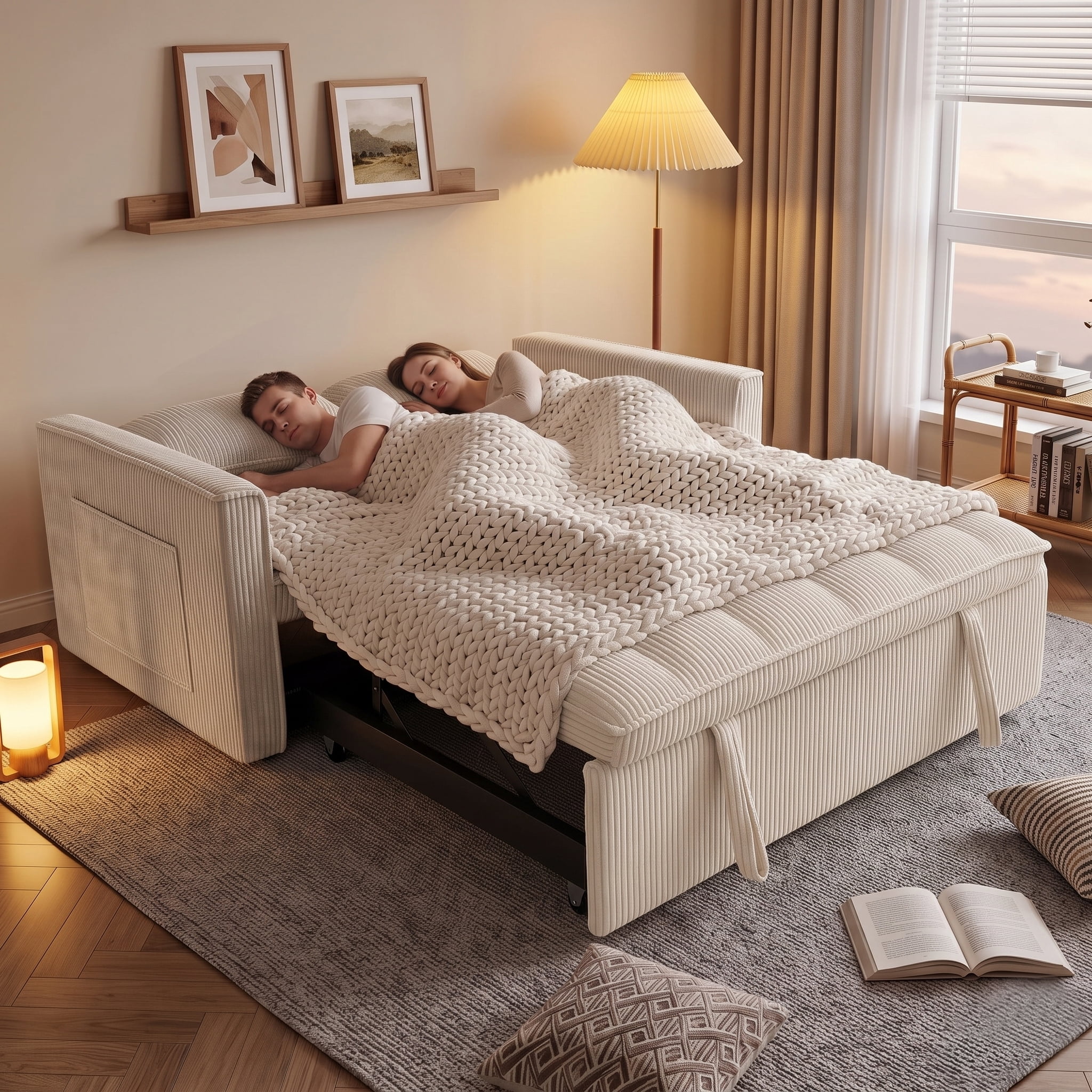 ShiKeyi 54" Corduroy Convertible Sofa Bed, 3 in 1 Pull Out Sleeper Sofa, Loveseat Couch with Storage Pocket, Beige