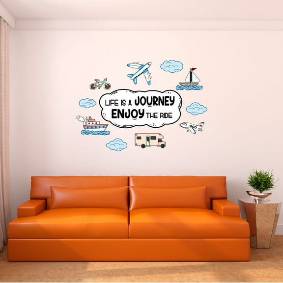 Home Wall Decal - Life is Journey Enjoy Ride - Cute Travelling Design Cute Traveling Vehicles with Travelling Quote - Proudly Hand Made Decal - Size: 10 In(W) x 7 In(H)