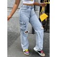 thumbnail image 3 of Women's High - Waisted Cargo Jeans Loose Wide - Leg Fit Y2K Streetwear Trend Cotton Denim Distressed Ripped  Multi - Pocket Design Light Blue Wash Fashion Casual Pants for Daily  Street Style, 3 of 7