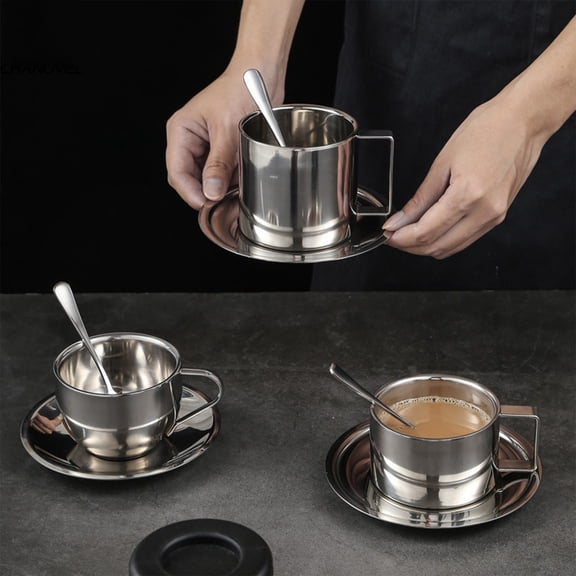 304 Stainless Steel Coffee Cup Set | European Style Double Layer Insulated Mug with Spoon | Durable Silver Coffee Mug for Office Reception Business | 13.6 x 8 x 7.8 cm | 1 Cup Included