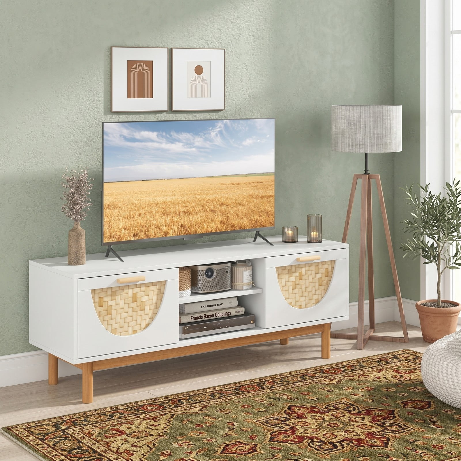 Furnibear Mid Century Modern TV Stand Entertainment Center for 55 Inch TV, Wood Media Console with 2 Drawers, 2 Open Shelves and Bamboo Woven, White and Natural
