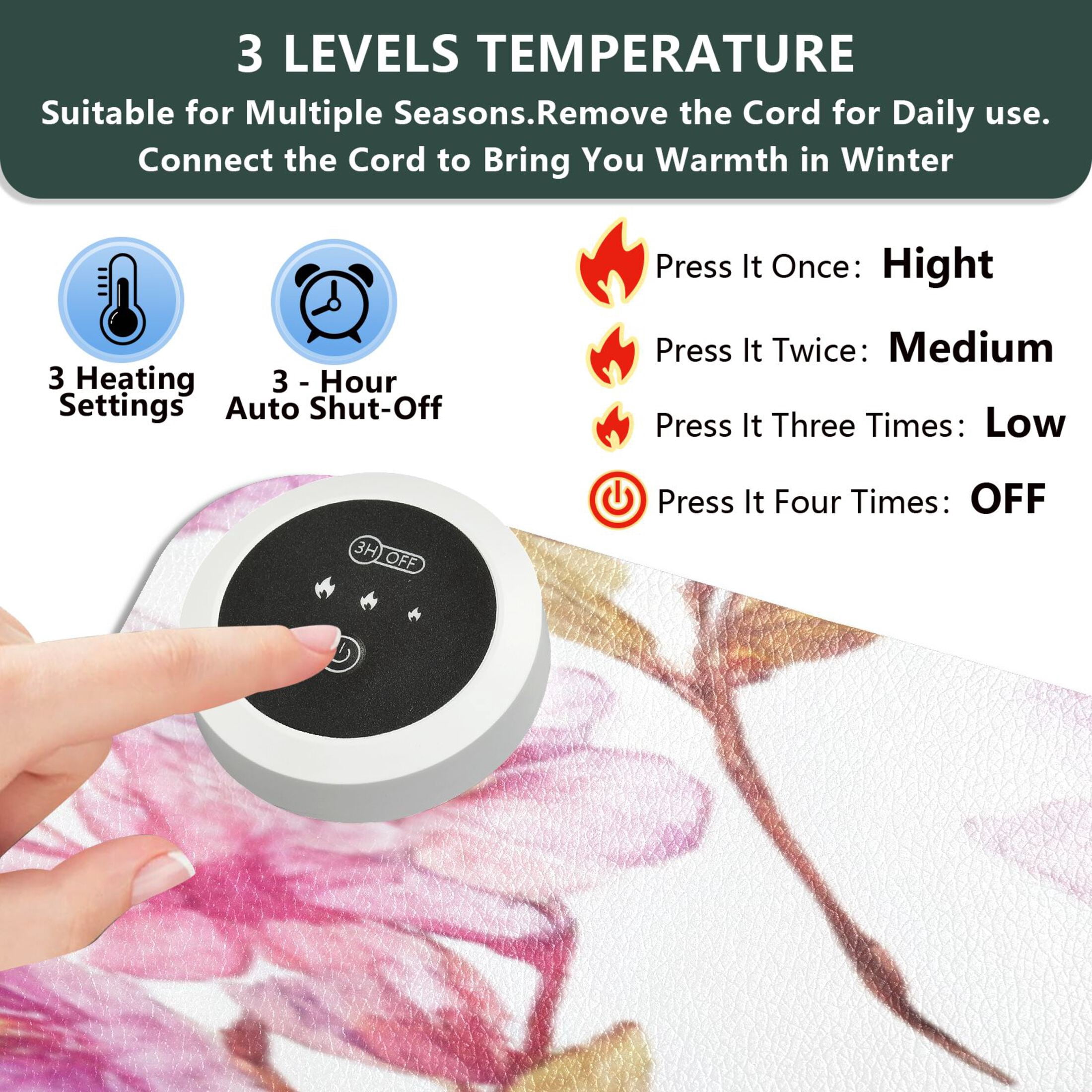 Large Heated Desk Mat Mouse Pad 31.5"x13"PU Leather Graphene Heating Desk Warmer with 3 Temperature Settings 110V US Plug Non-Slip Warm Pad for Home, Office, and Gaming Spring Cherry Blossom Glow