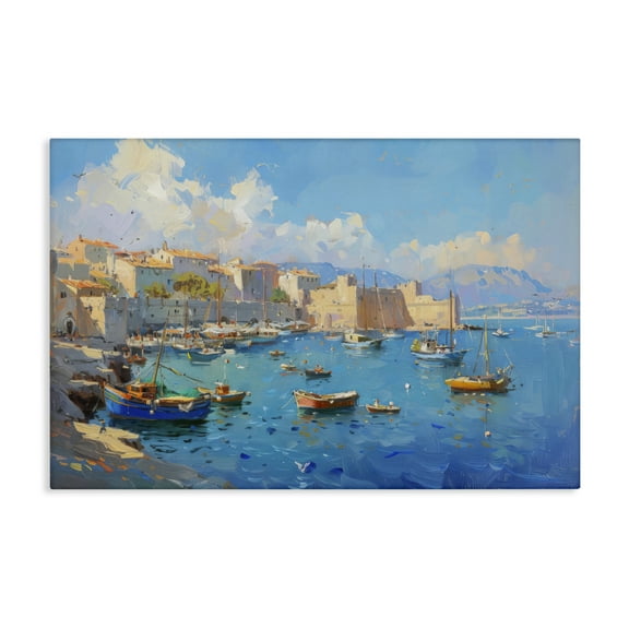 Stupell Industries Nautical Harbor Coastal Town Transportation Painting Wrapped Canvas Canvas Art Print Wall Art, 24 x 16