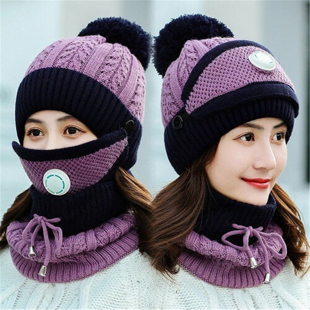 3 Pieces Set Women\'s Knitted Hat Scarf Caps Neck Warmer Winter Hat For