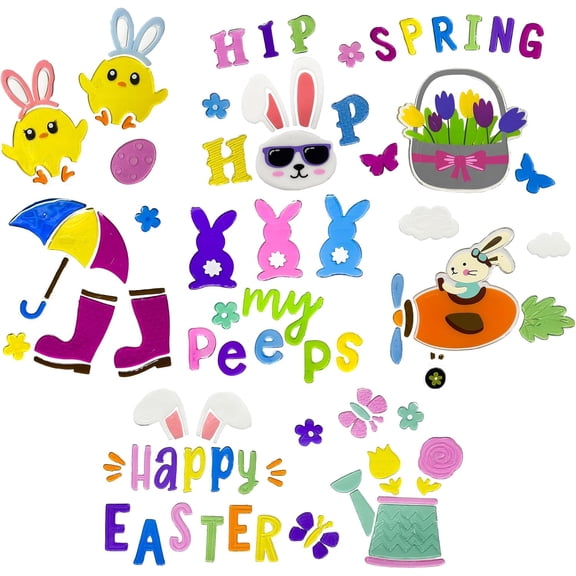 Set of 8 Easter Themed Gel Window Clings Sheets - Assorted Designs Including Easter Eggs, Happy Easter, Butterflies, Bunny, etc
