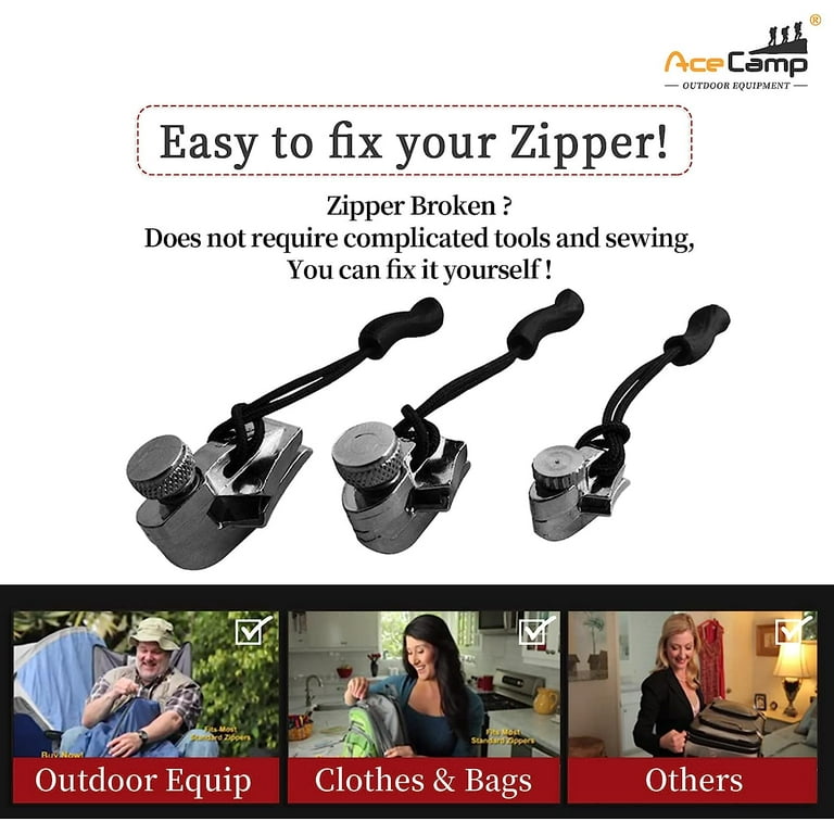 Zipper Slider Zipper Repair AceCamp Fixnzip Kit Puller Replacement Nickel  Fix Install for Sewing Hoodie Jackets Tool Clothes Bag Screw Slider 