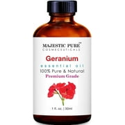Majestic Pure Geranium Essential Oil - Premium, 100% Pure & Natural Rose Geranium Oil - Geranium Oil for Skin, Hair Growth, Body, Massage, Aromatherapy, Diffuser, Candle & Soap Making - 1 fl oz