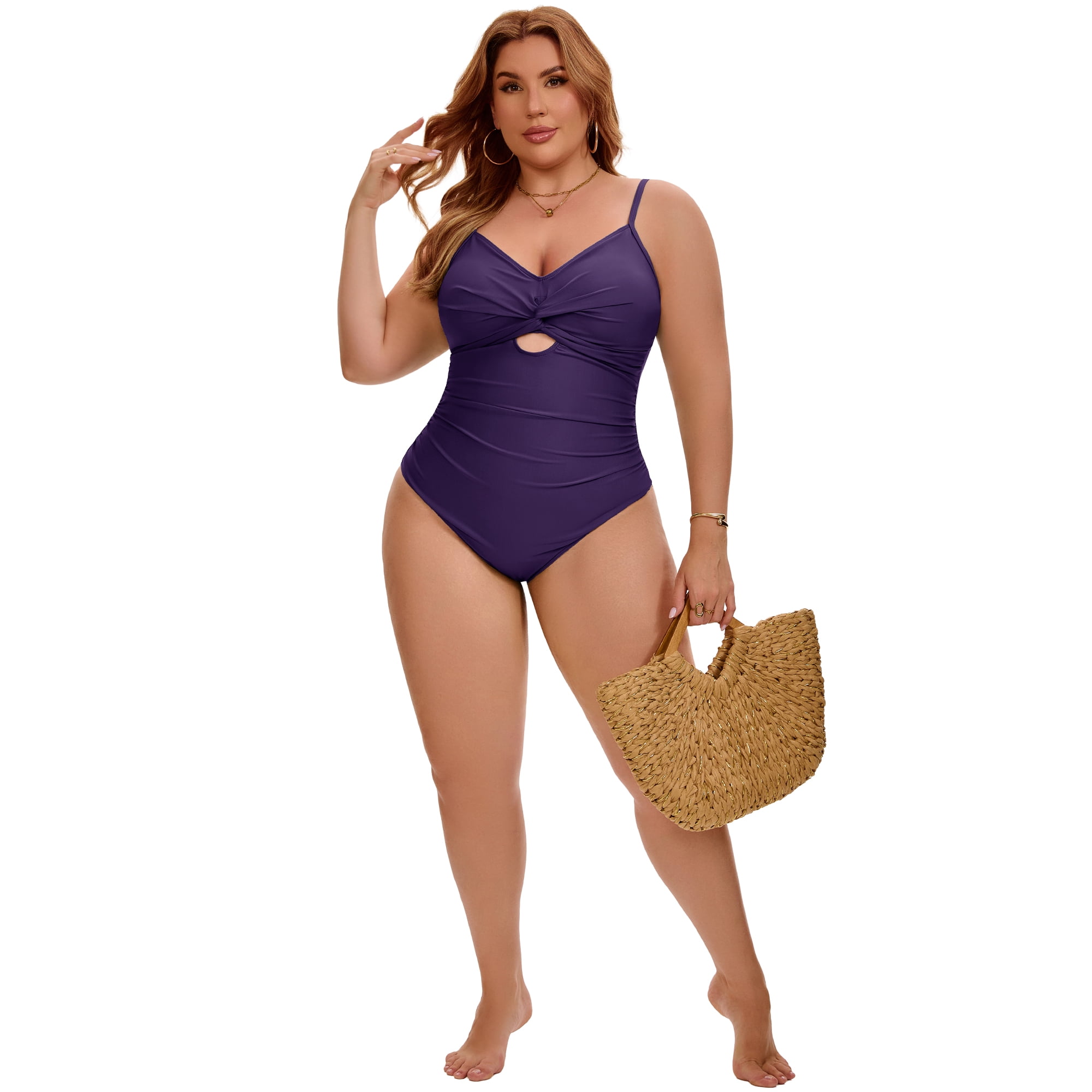 DARING DIVA Women's Plus 1 Piece Tummy Control Cutout High Swimsuit L Purple