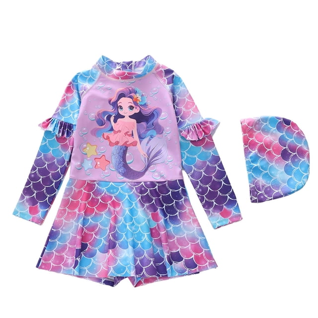 AWZXDE Girls One Piece Swimsuit Long Sleeve Bathing With UPF 50 Sun Protection Rash Guard For Kids 4-10Y