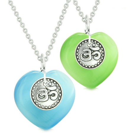 Spiritual OM Amulets Love Couples or Best Friends Hearts Neon Green Sky Blue Simulated Cats Eye