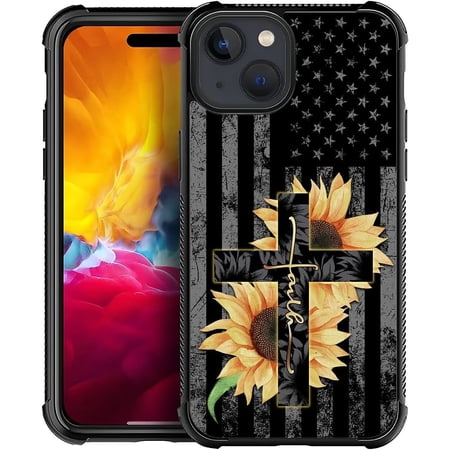 Case for iPhone 15 Plus W USA Flag Faith Sunflower Pattern Design Case for Women Girls Men Soft TPU Bumper Hard PC Back Anti-Fall Shockproof Protective Slim Cover