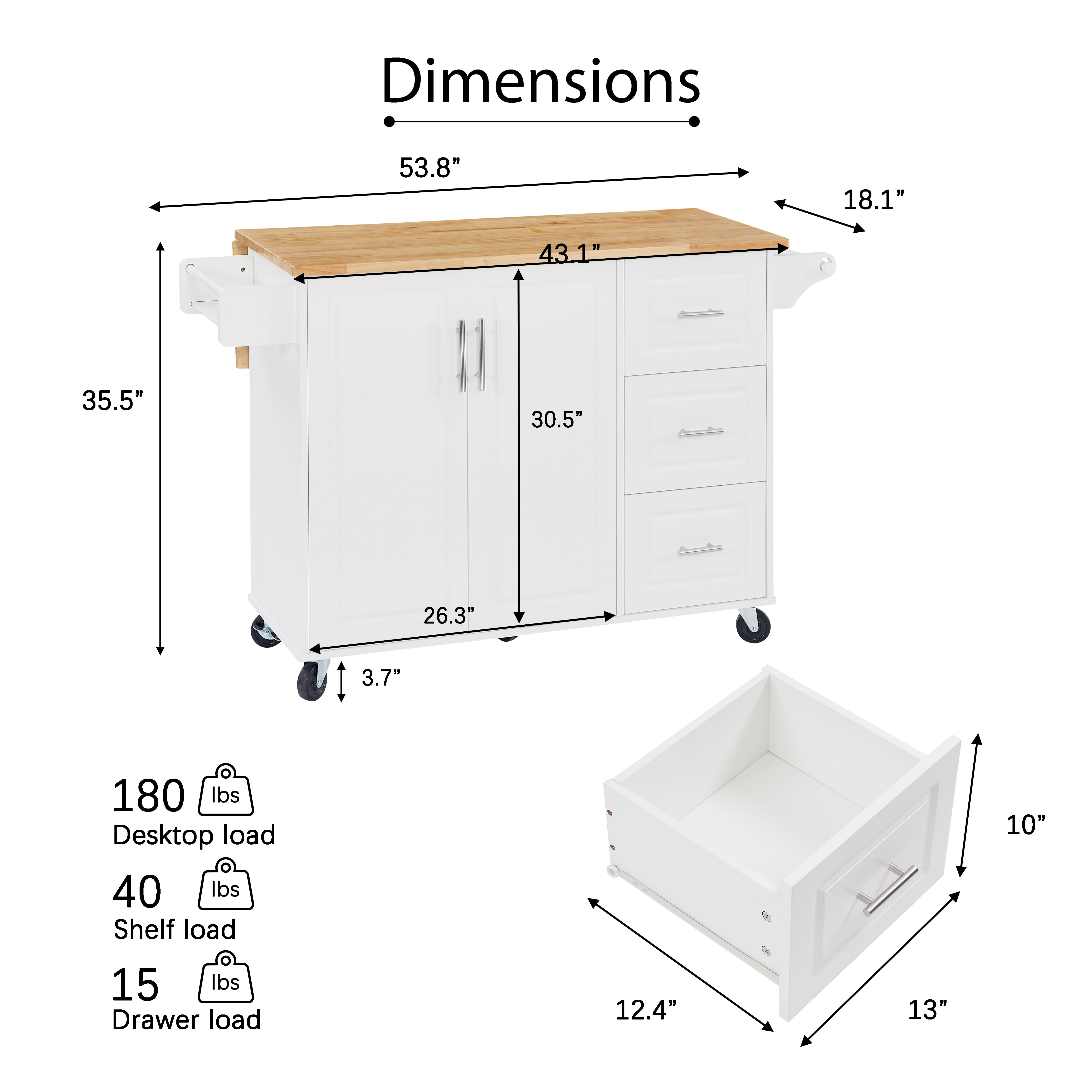 Homy Casa Multi-Purpose Rolling Utility Cart with Solid Wood Top, 3 Drawers, and Cabinet Storage