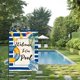 thumbnail image 2 of Bandera de jardín con diseño de rayas de acuarela "Bienvenido a nuestra piscina", de doble cara, para exteriores, para vacaciones de verano, con forma de anillo de natación, chanclas, decoración para, 2 of 6