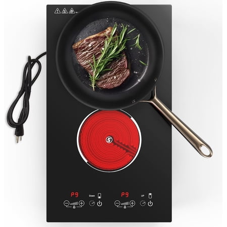 2 Burner Cooktop 2400W – 24 Inch Built-in or Countertop Electric Stove with Touch + Knob Controls, 10 Heat Levels, 99-Min Timer, Child Lock, Ceramic Glass, Black