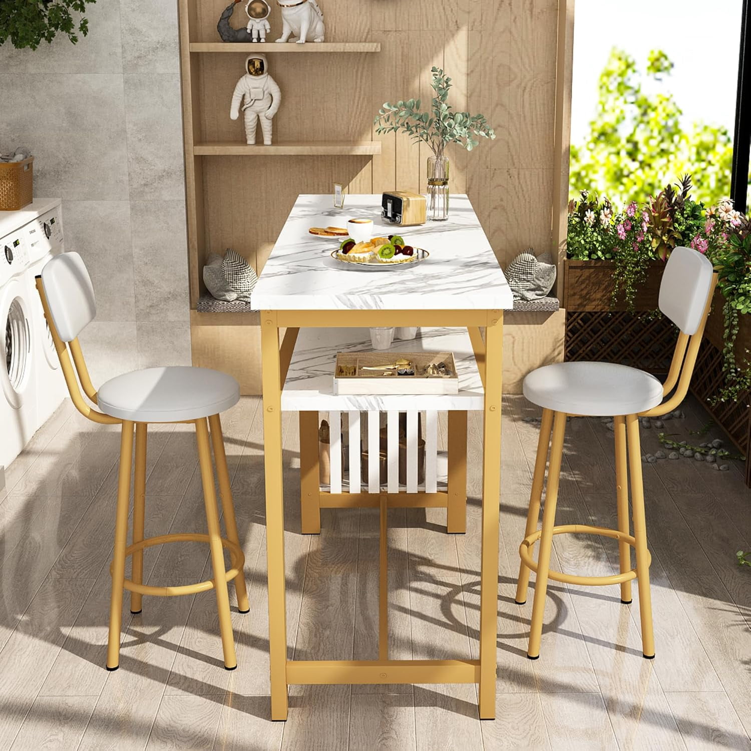 Cvortll Bar Table and Chairs Set, Kitchen Counter with 3 Tier Storage Shelves,3-Piece Faux Marble Table with 2 PU Cushion Bar Stools,White