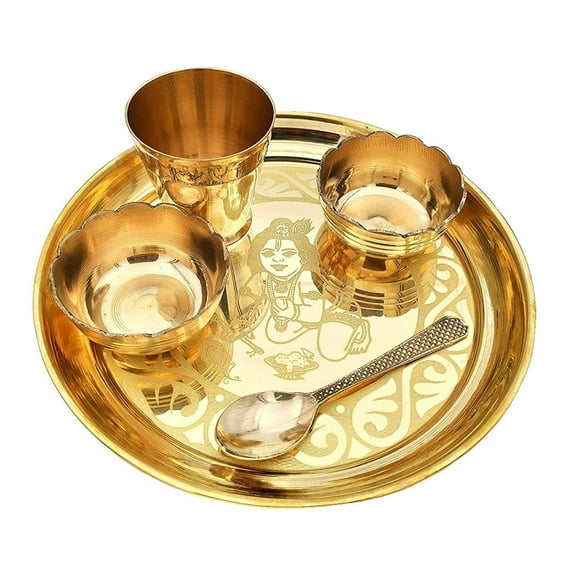 Brass Pooja Thali Set – 7 Inch Laddu Gopal Bhog Thali for Janmashtami | Small Krishna Bhog Plate for Puja Decoration | Festival Pooja Item for Home Mandir Office | Return Gift