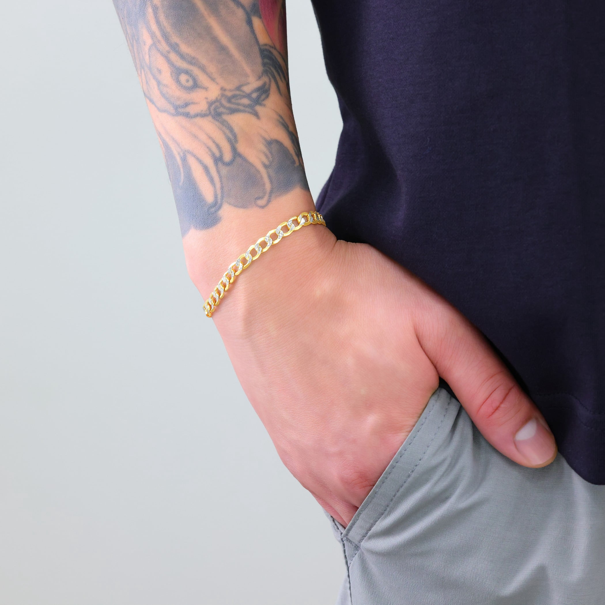 Nuragold 10k Real Yellow Gold Cuban Curb Link 5.5mm Diamond Cut Pave Chain Bracelet (7"-9") Two Tone Italian Jewelry for Men & Women