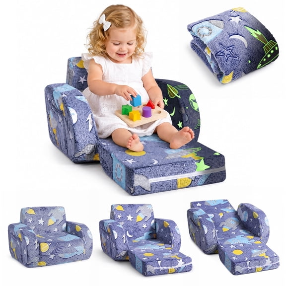 Kids Sofa Toddler Couch 3-in-1 Glow in the Dark Convertible Sofa Bed and Lounger for Boys and Girls, Grey Blue