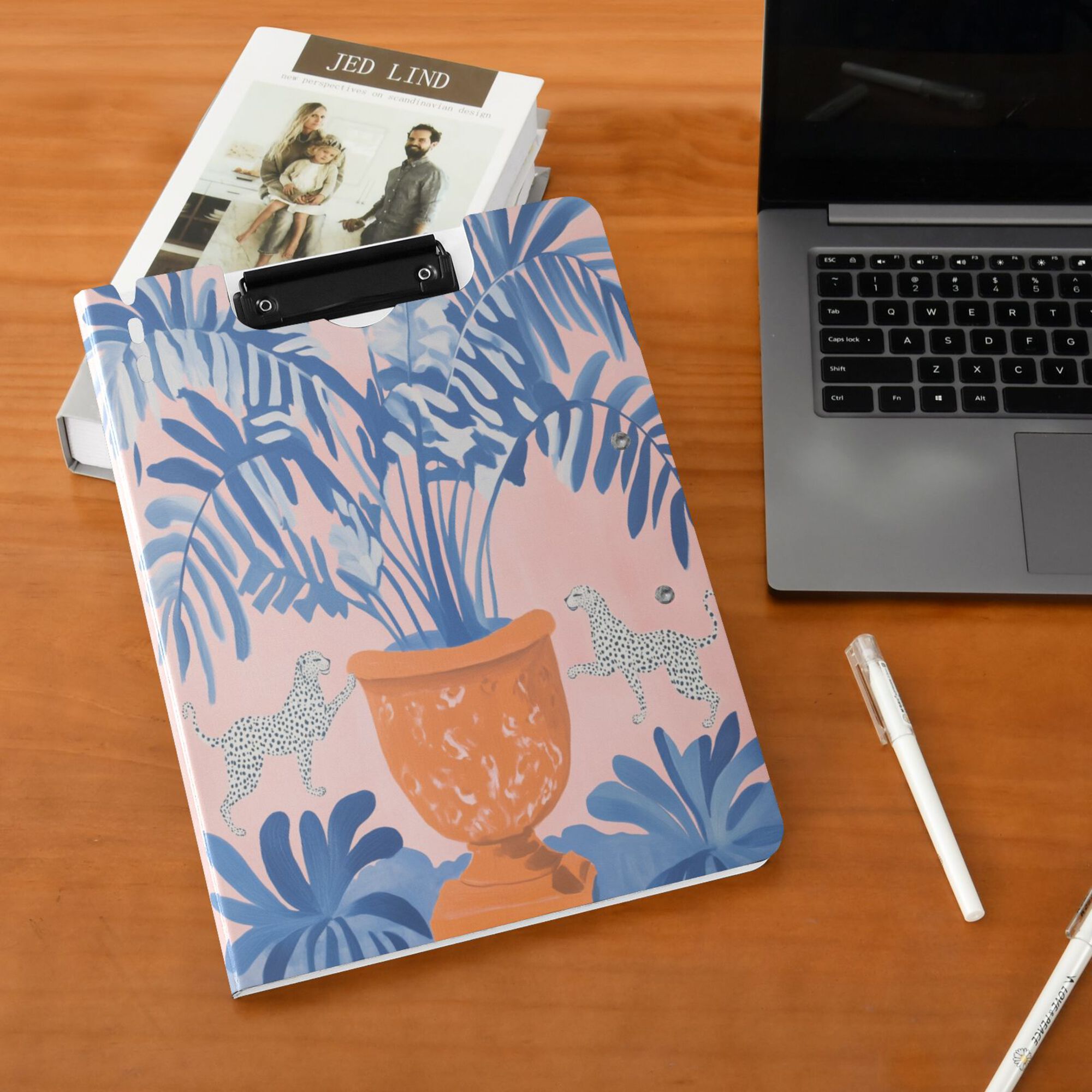 FORMRS A4 Clipboard Folder with Pen Holder Horizontal Foldable School Office Binder, Pink Leaves