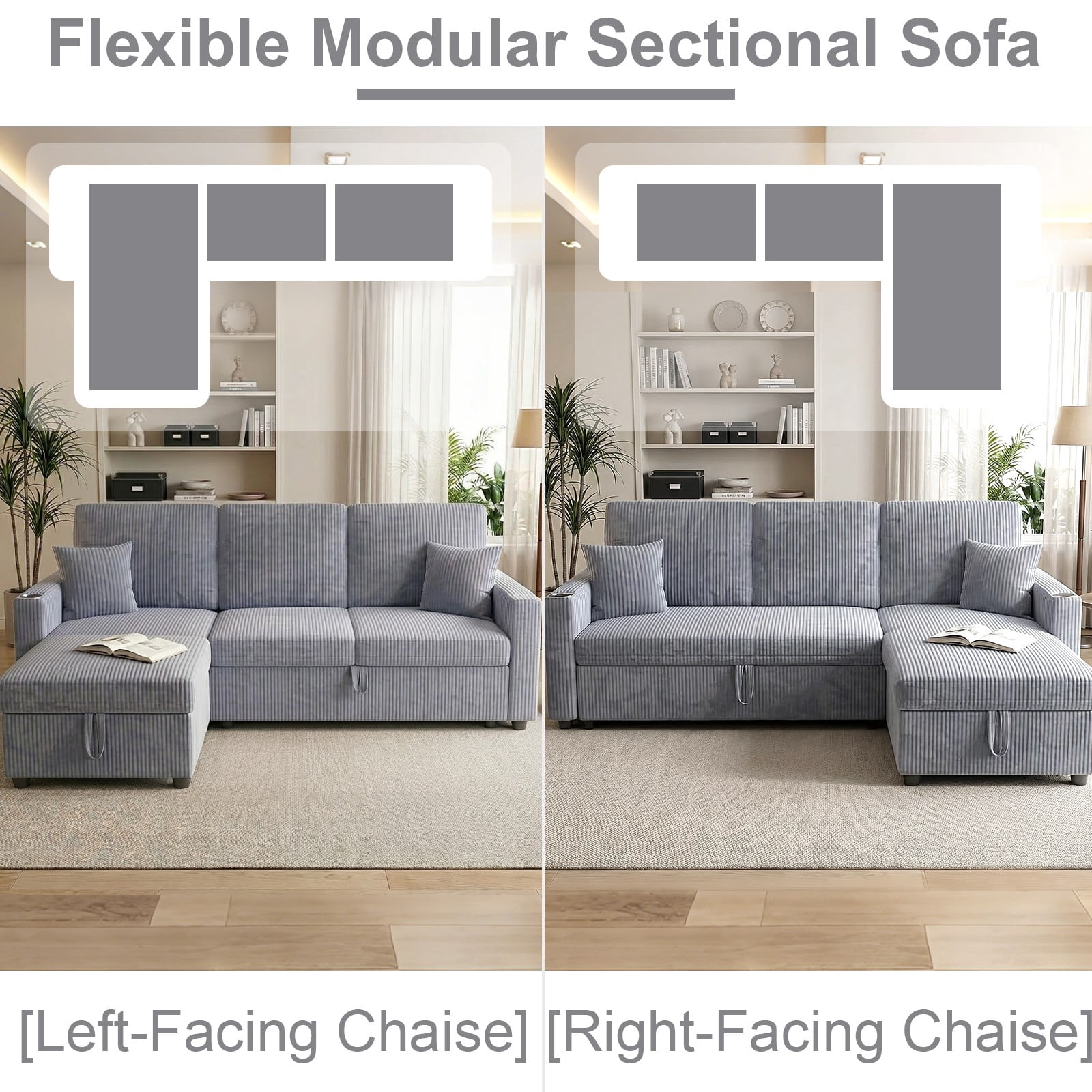 LLappuil Sectional Sofa, 84" Sectional Couch with Storage Chaise, Small Desktop, Cup Holders, Charging Port Convertible Sofa Bed, Corduroy Pull Out Sofa Bed for Living Room Gray