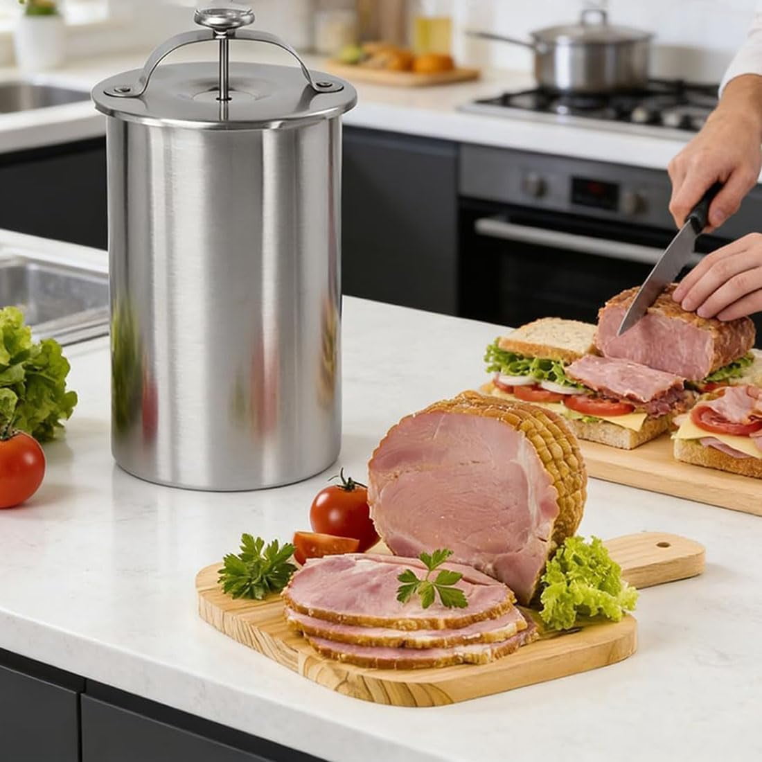 2026 Upgrade Stainless Steel Deli Meat Press with Thermometer, Spring Mechanism & Handle, Food-Grade Ham Press Mold for Deli Meats, Homemade Lunch Meat Maker Tool for Healthy Sandwiches (Ordinary)
