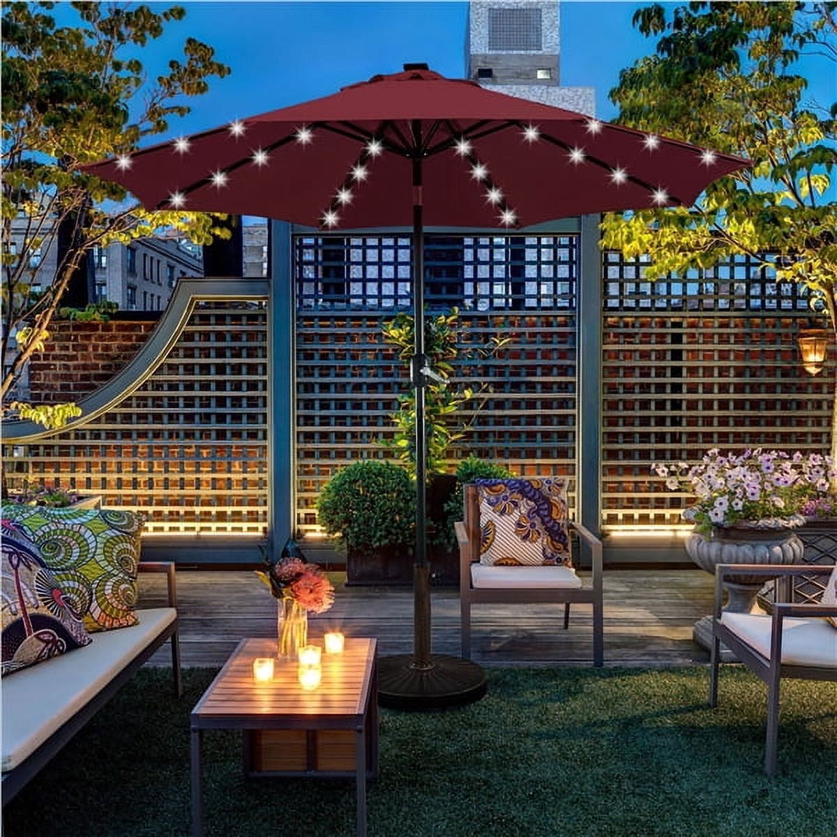 Renwick 9ft Outdoor Market Patio Umbrella with 32 LED Lights, Burgundy