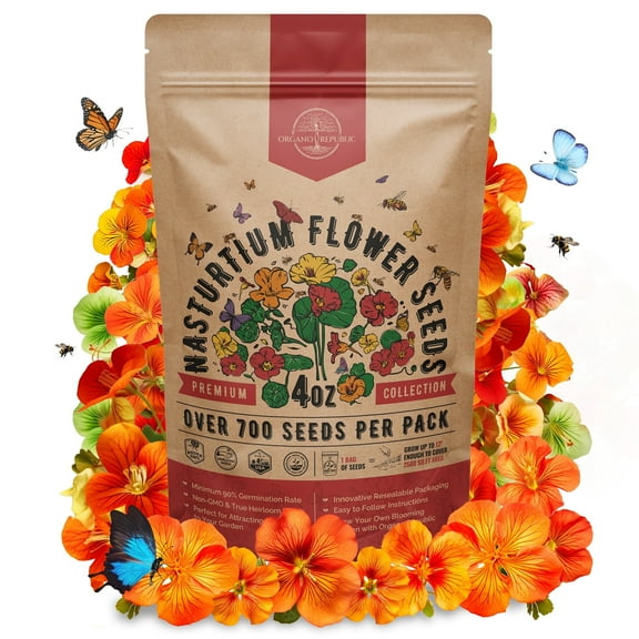 Nasturtium Flower Seeds Pack 4 oz – 700 Non-GMO Heirloom Seeds for Planting Indoors & Outdoors – Resealable Bag, High Germination, Pollinator-Friendly Wildflowers – USA Grown