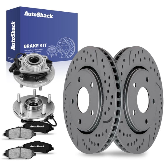 AutoShack Front Drilled & Slotted Brake Rotors Ceramic Brake Pads Wheel Bearing Hub Assembly | Replacement for 2008-2011 Chrysler Town & Country FWD | Black Coated | 8-PCBrake Kit| BlackShield