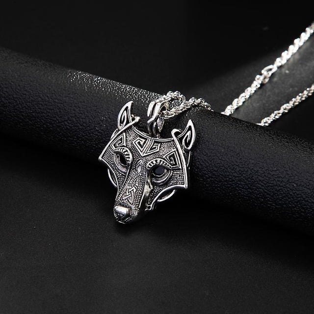 Collar de lobo vikingo nórdico para hombres, collar con colgante de cabeza de lobo de ojo negro con cadena de 23,6, collar de tótem de lobo retro, collar de amuleto de sello de lob