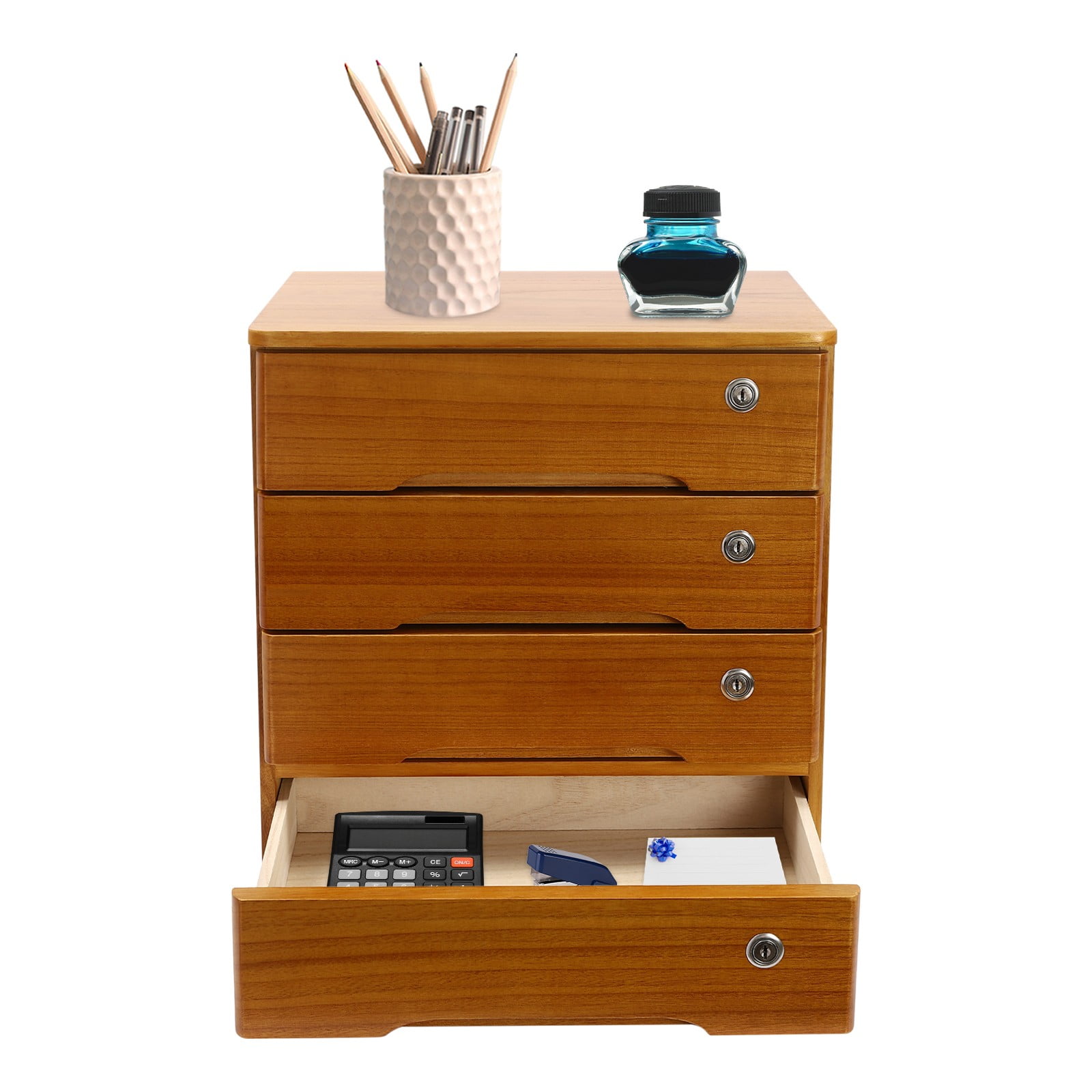 4 Tier Wooden Desktop Storage Box with Lockable Drawers, Office Supplies File Organizer, Art Storage Cabinets, Multipurpose Tool Box for Home Office(Wood Yellow)