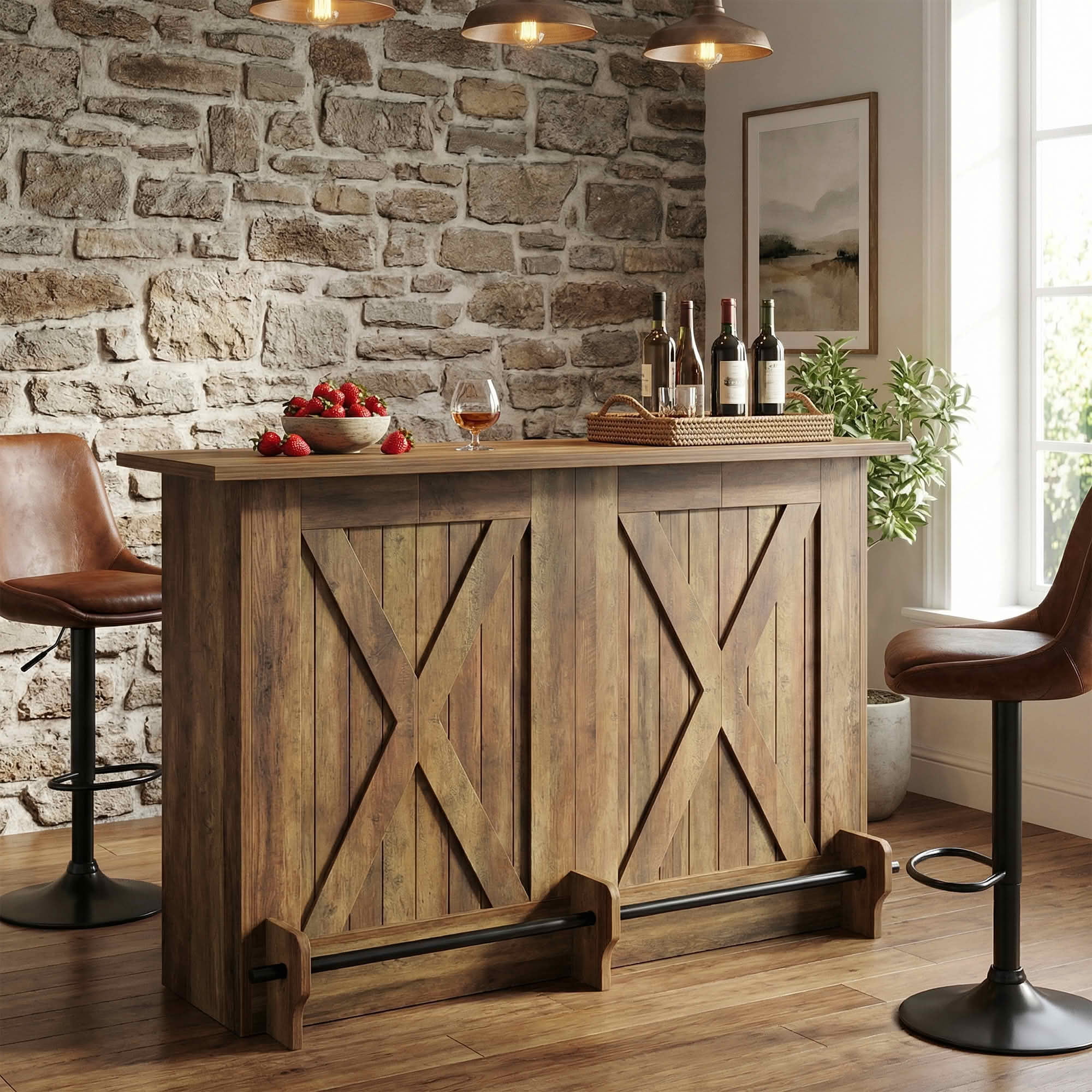 MAYEERTY 63 Inch 2 Tier Home Bar Unit, Industrial Bar Table Coffee Cabinet with Footrest, Adjustable Leg Pads for Home Party Wine Storage
